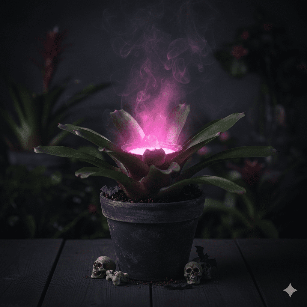 Bromeliad Pink Sensation in black bowl with mist