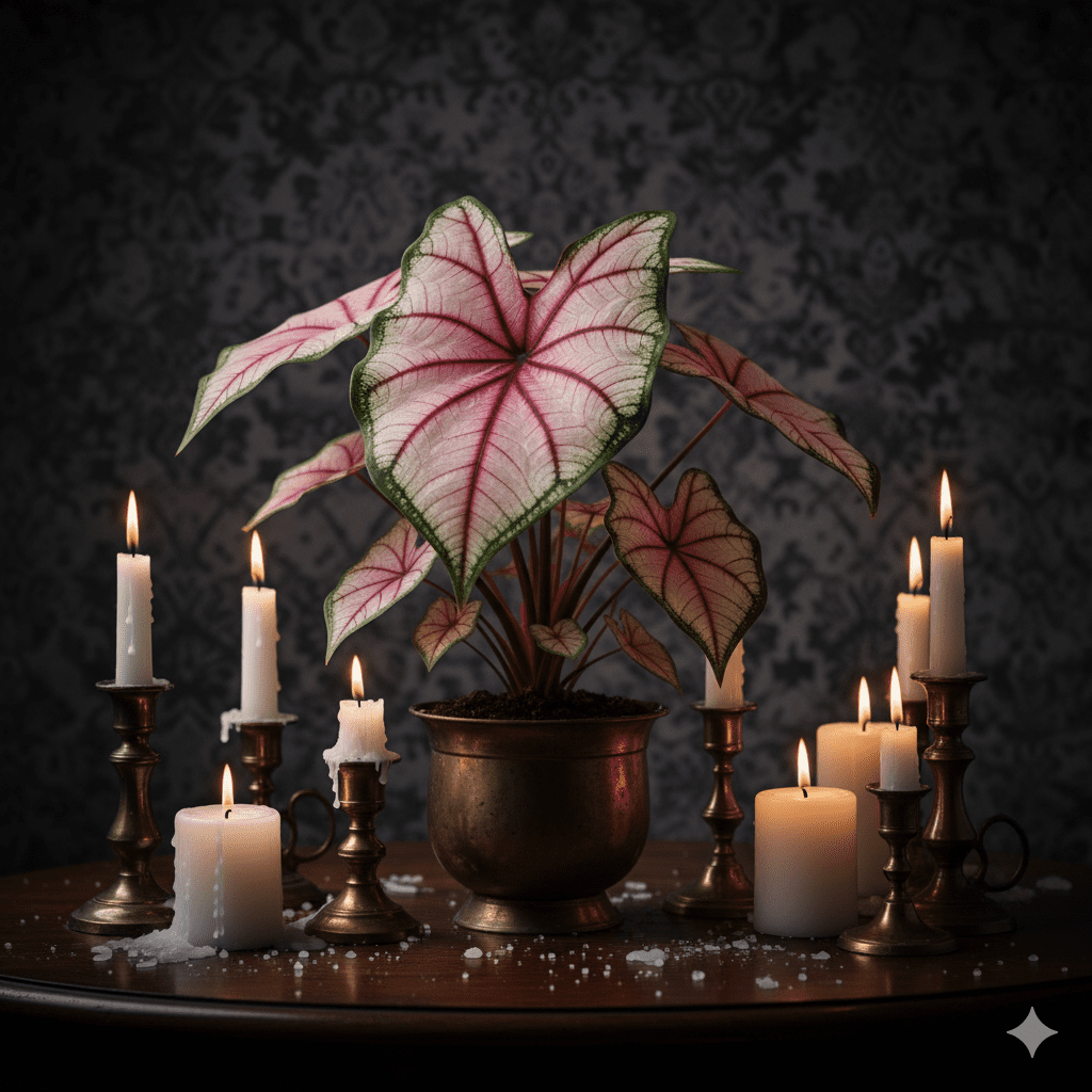 Caladium Pink Splash leaves glowing under candlelight