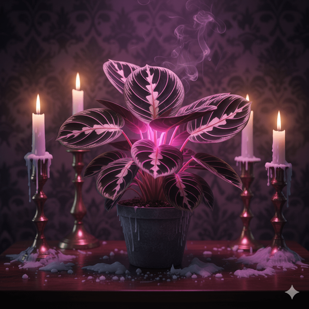 Calathea Roseopicta with dark background and candles