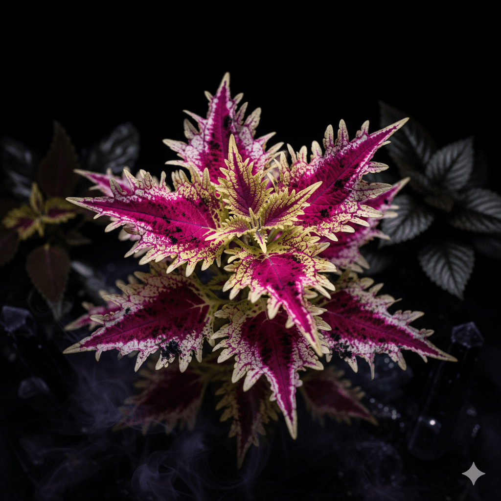 Coleus Pink Chaos with dark lighting and spider web prop