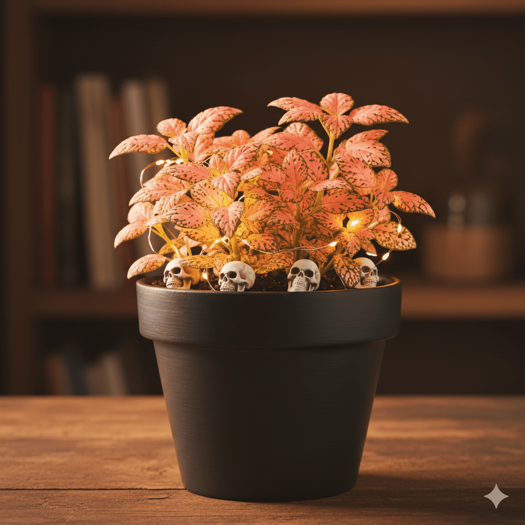 Pink Polka Dot Plant in black pot with Halloween decor